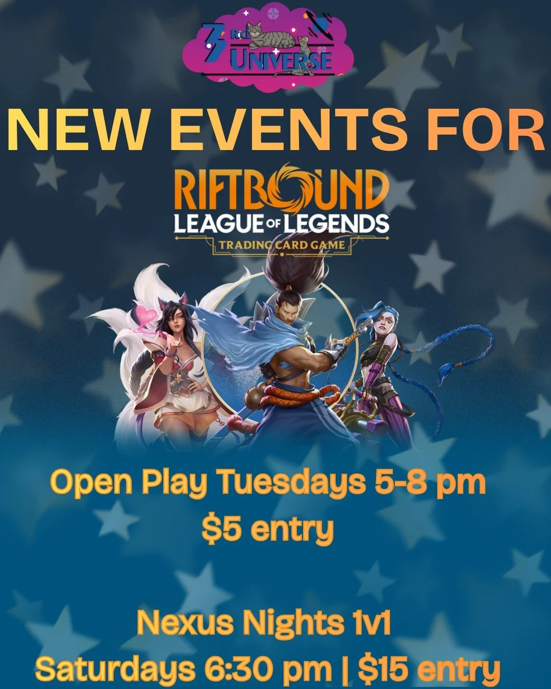 We're officially a Riftbound Organized Play store! Join us weekly for open play on Tuesdays from 5-8 as part of our "TCG Tuesday" event, as well as Nexus Nights every Saturday at 6:30 pm. Sign-up info for Nexus Night will be rolling out ove