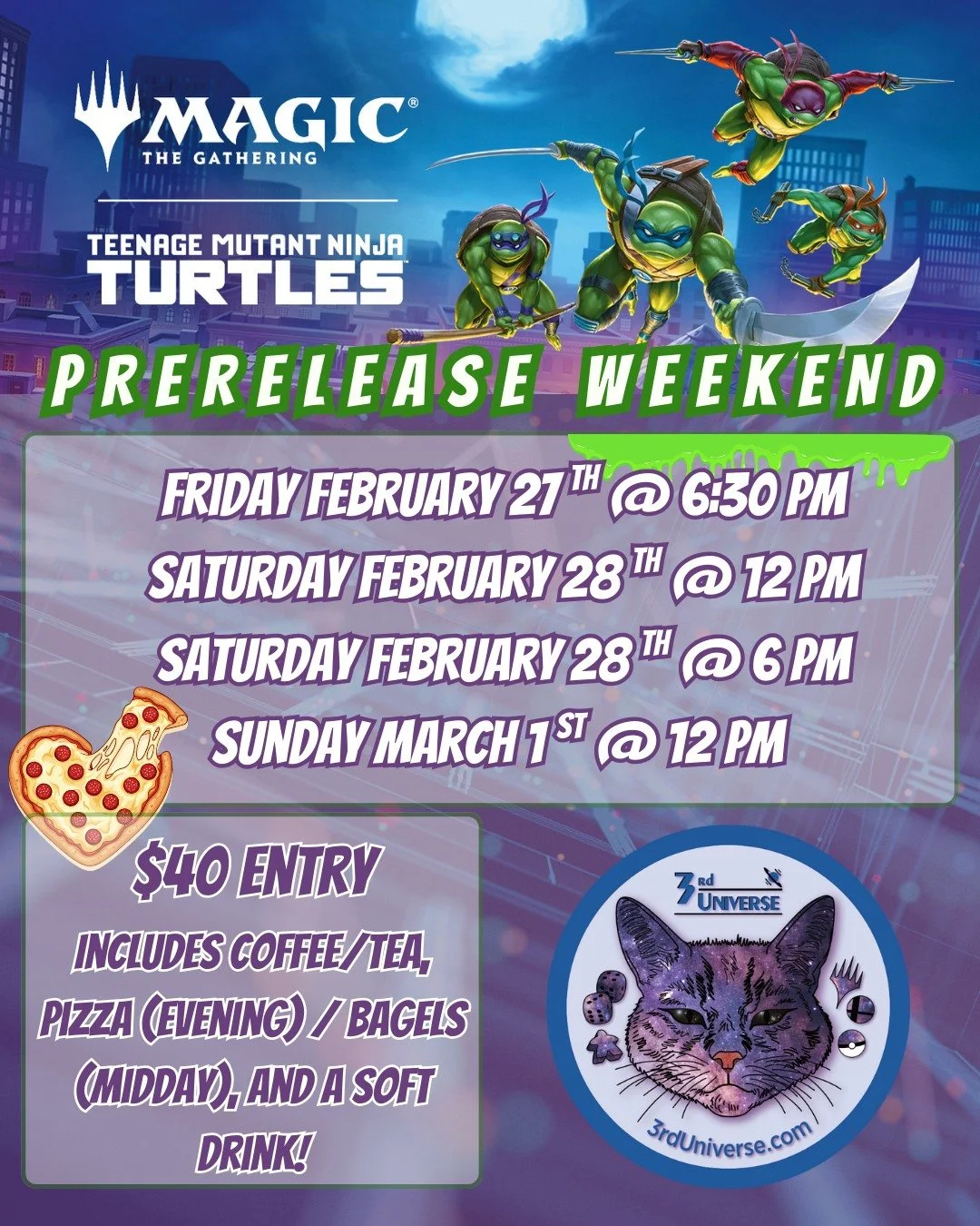 CAWABUNGA DUDE 🐢 MTG x Teenage Mutant Ninja Turtles prerelease weekend is fast approaching (ironic for a turtle-themed set!) Secure your spot by signing up on our website: https://www.the3rduniverse.com/event-tickets/p/mtg-prerelease-tmnt