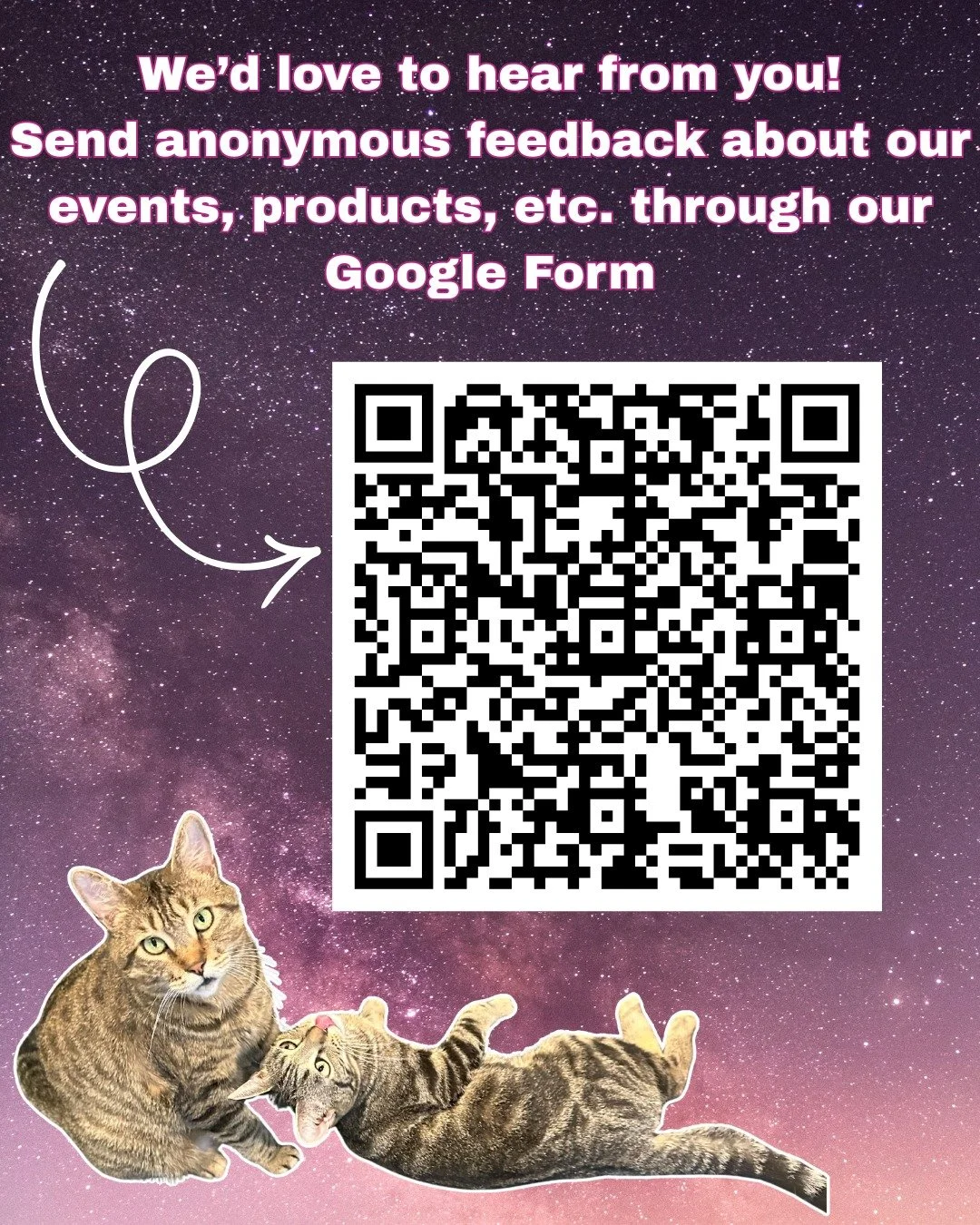 Your feedback matters to us 😎 Send anonymous comments, suggestions, and feedback about our events/products/etc through our Google Form! Link to the survey can be found under our Story Highlights