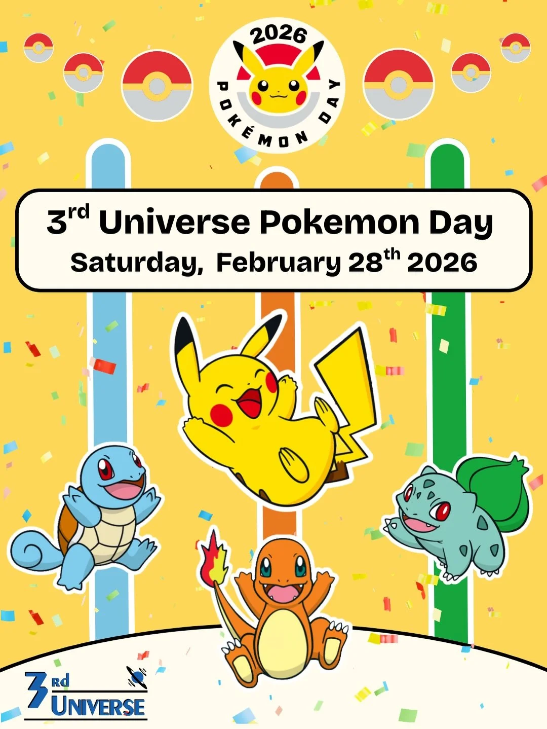 Pokemon Day at 3rd Universe is tomorrow starting at 2 pm! Celebrate all things Pokemon with us ✨ Learn more and sign up for the TCG tournament on our website: https://www.the3rduniverse.com/event-tickets/p/pokemon-day