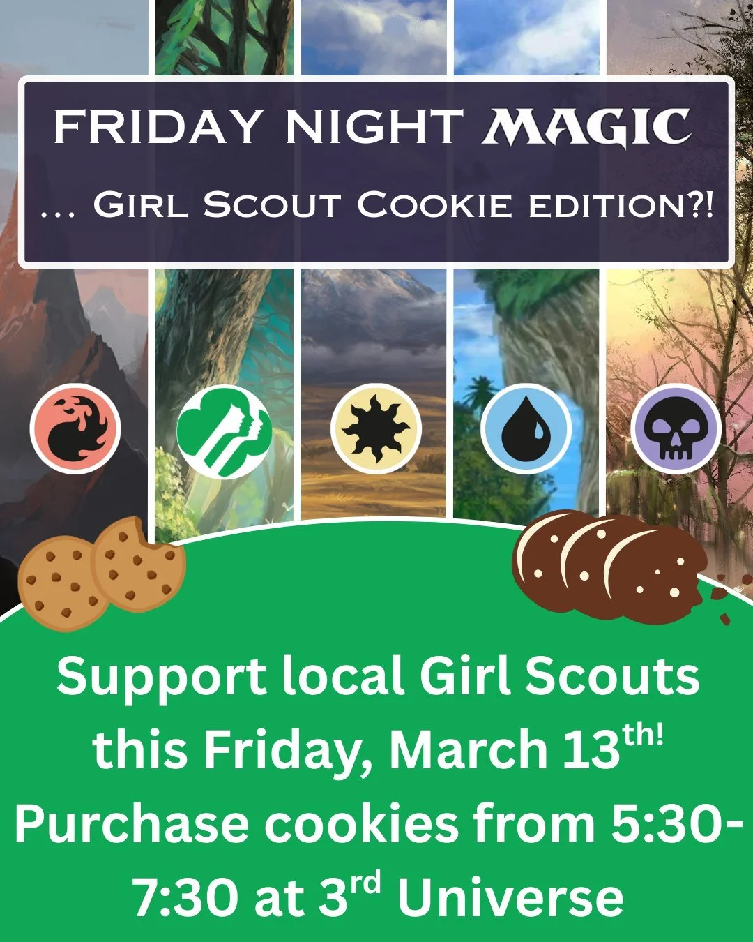 FNM x Girl Scout Cookies, a match made in heaven 😍 Stop by the shop tomorrow, March 13th, from 5:30-7:30 pm to support local Girl Scouts and purchase Girl Scout cookies!