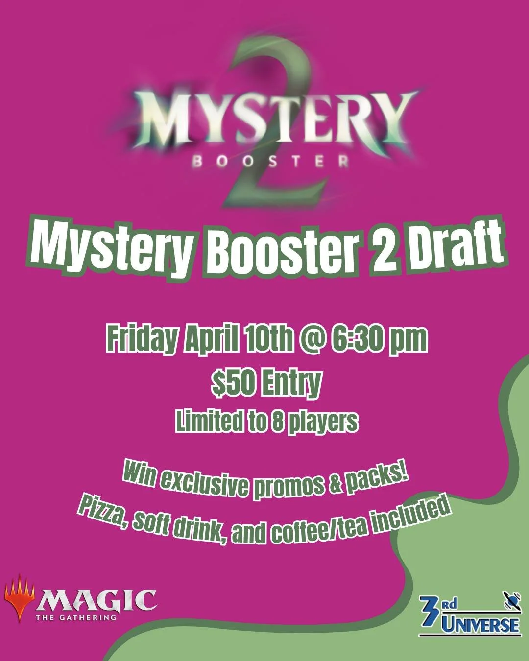 What's in these packs? No one knows! Play in our special Mystery Booster 2 draft on Friday, April 10th at 6:30 pm ✨ Space is limited, so make sure to sign up online: https://www.the3rduniverse.com/event-tickets/p/mystery-2-draft