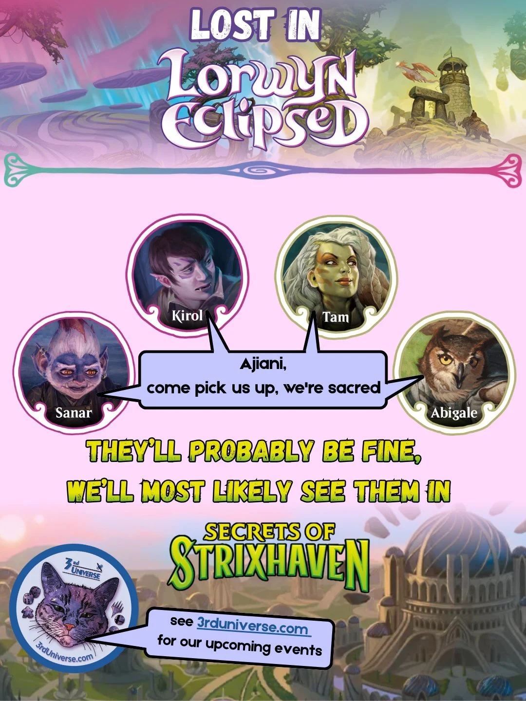 Secrets of Strixhaven is NEXT WEEK! Who's excited? 🏃
Sign up for our prerelease events online: https://www.the3rduniverse.com/event-tickets/p/prerelease-strix