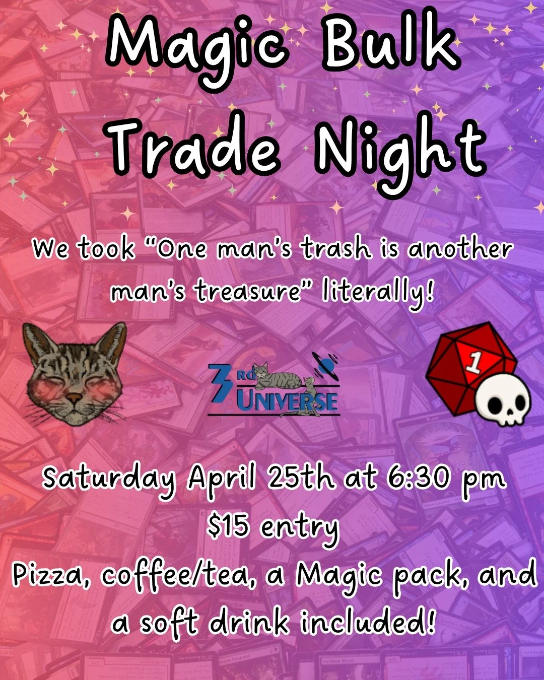 If you're looking for an excuse to bring your bulk by the shop to trade, this is your sign 🔮 Join us for our Magic bulk trade night on Saturday, April 25th at 6:30 pm!