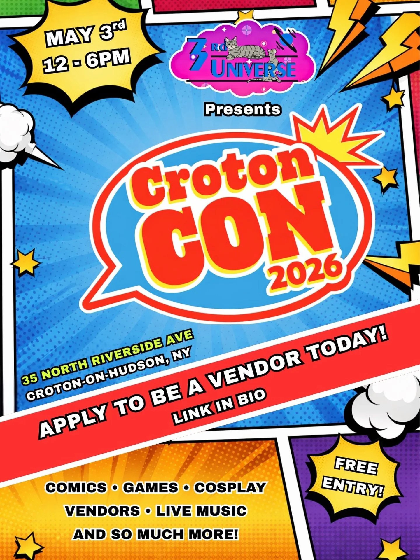 Croton Con is BACK! Join us on May 3rd for a day filled with comics, games, cosplay, live music and MORE! Details and the application to be a vendor are linked in our bio! #Westchester #ComicCon #Comics #Cosplay