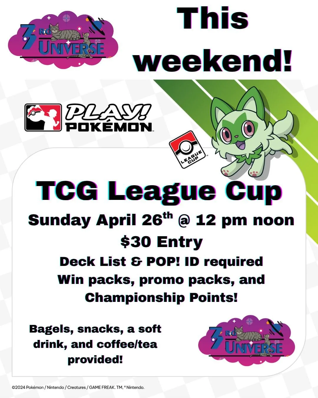 Join us this weekend for our last Pokemon TCG League Cup of the season! Sunday, April 26th at 12 pm. Make sure to bring your typed-out deck list, deck in order of your deck list (remember: no more G-block 😰), and your A-game 😎 Secure your spot by s