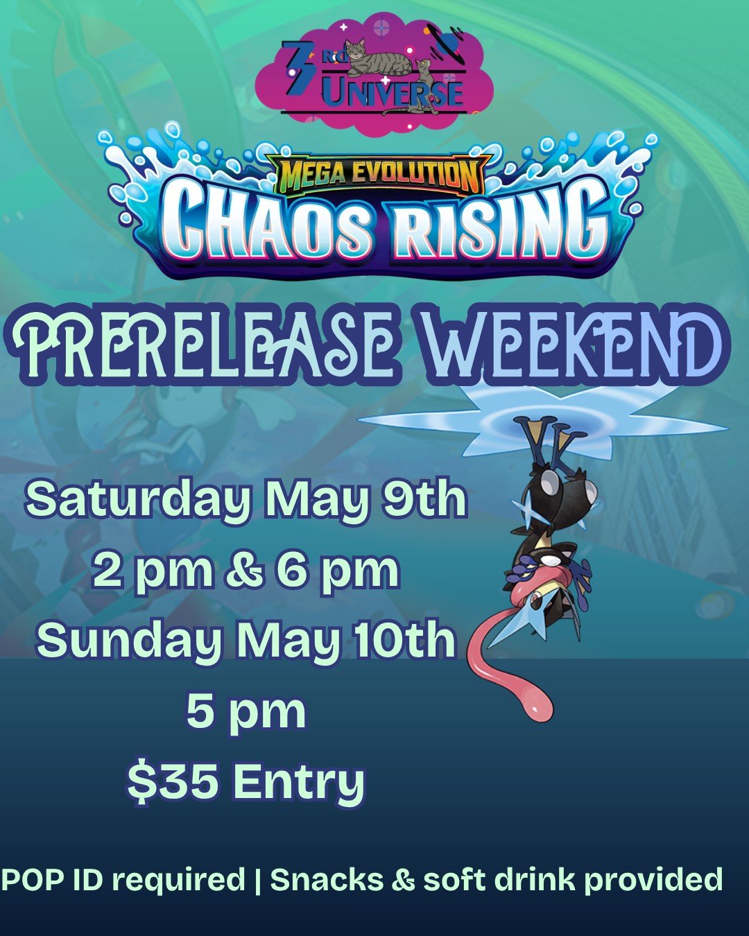Rise to the occasion during our Pokemon Chaos Rising prerelease weekend 🐸 We'll be hosting events on 5/9 at 2 and 6 pm, and 5/10 at 5 pm! Learn more and sign up on our website, https://www.the3rduniverse.com/event-tickets/p/chaos-rising-prerelease