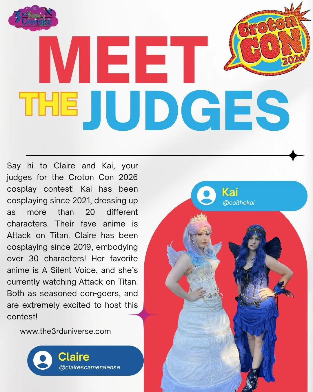 Say hi to @clairescameralense and @coithekai, your judges for the Croton Con 2026 cosplay contest! Kai has been cosplaying since 2021, dressing up as more than 20 different characters. Their fave anime is Attack on Titan, and they're currently watchi