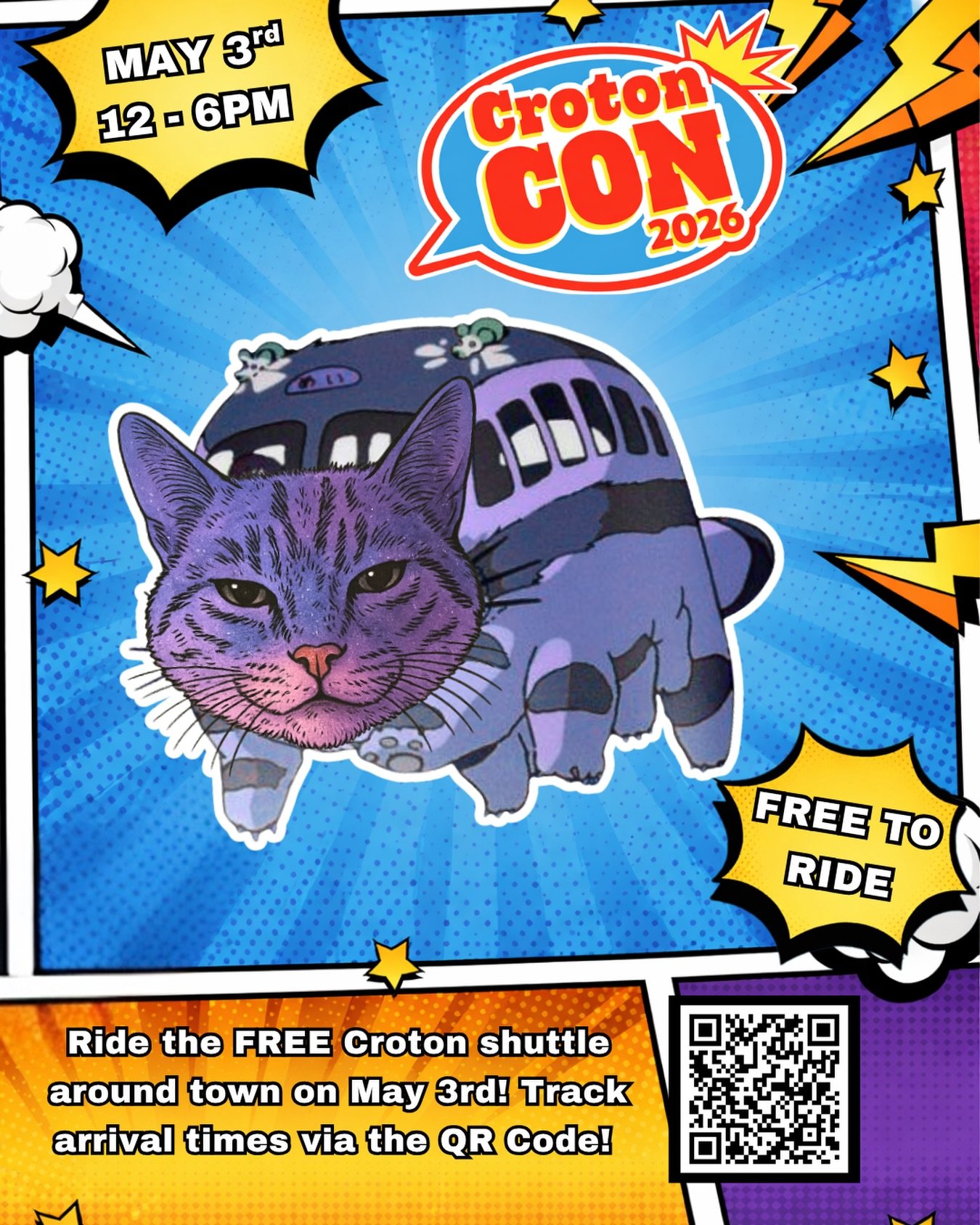 The Cat Bus is BACK for Croton Con 2026! Take the free shuttle around Croton on May 3rd and use the QR code to track the shuttles arrival times in real time!
