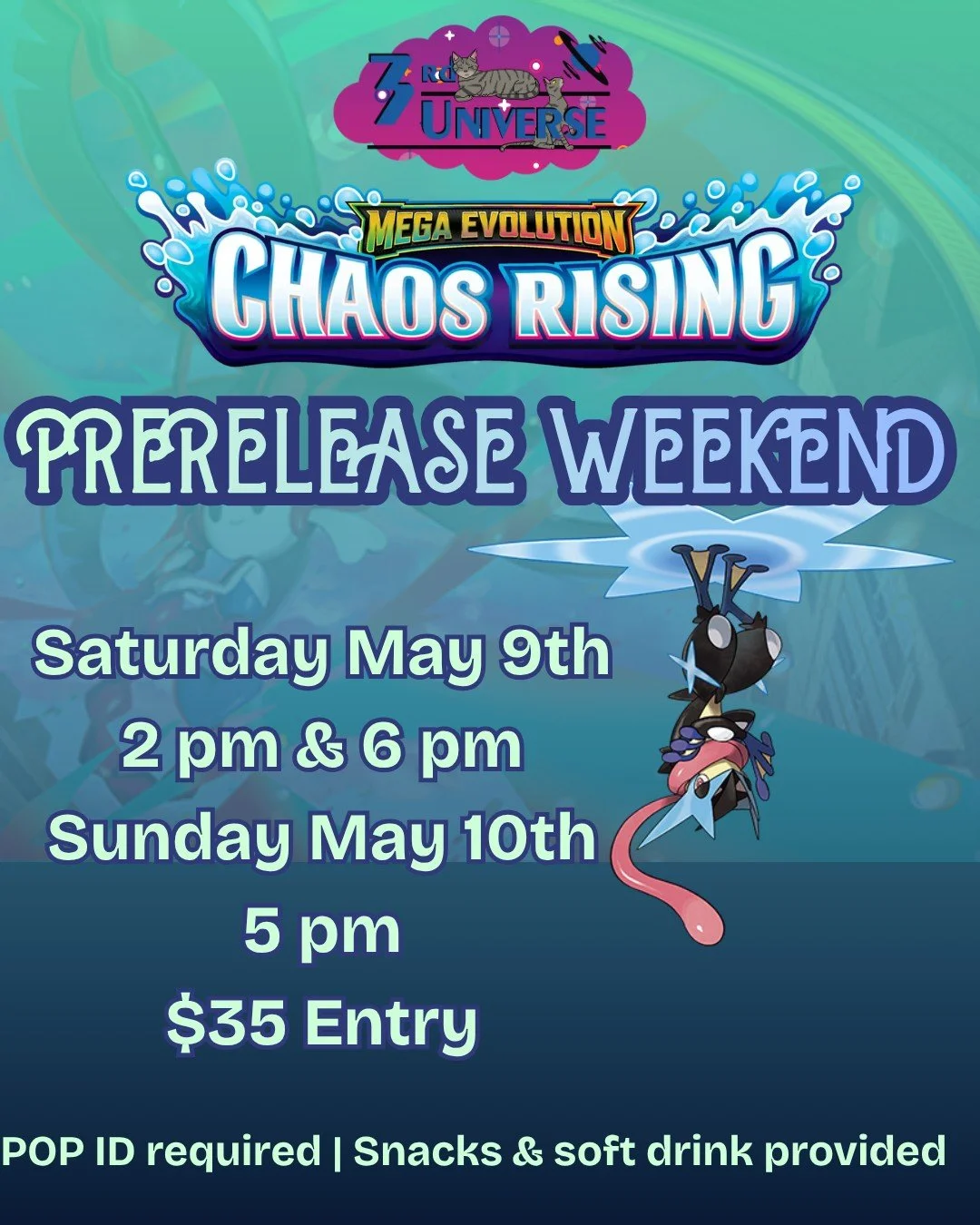 Our Pokemon Chaos Rising prerelease events start this weekend! Open and play Pokemon's newest set with us on Saturday at 2 and 6 pm, Sunday at 5 pm, and Thursday at 6:30 pm. Learn more and sign up on our website (link in bio 🔗)
#pokemontcg #pokemonc
