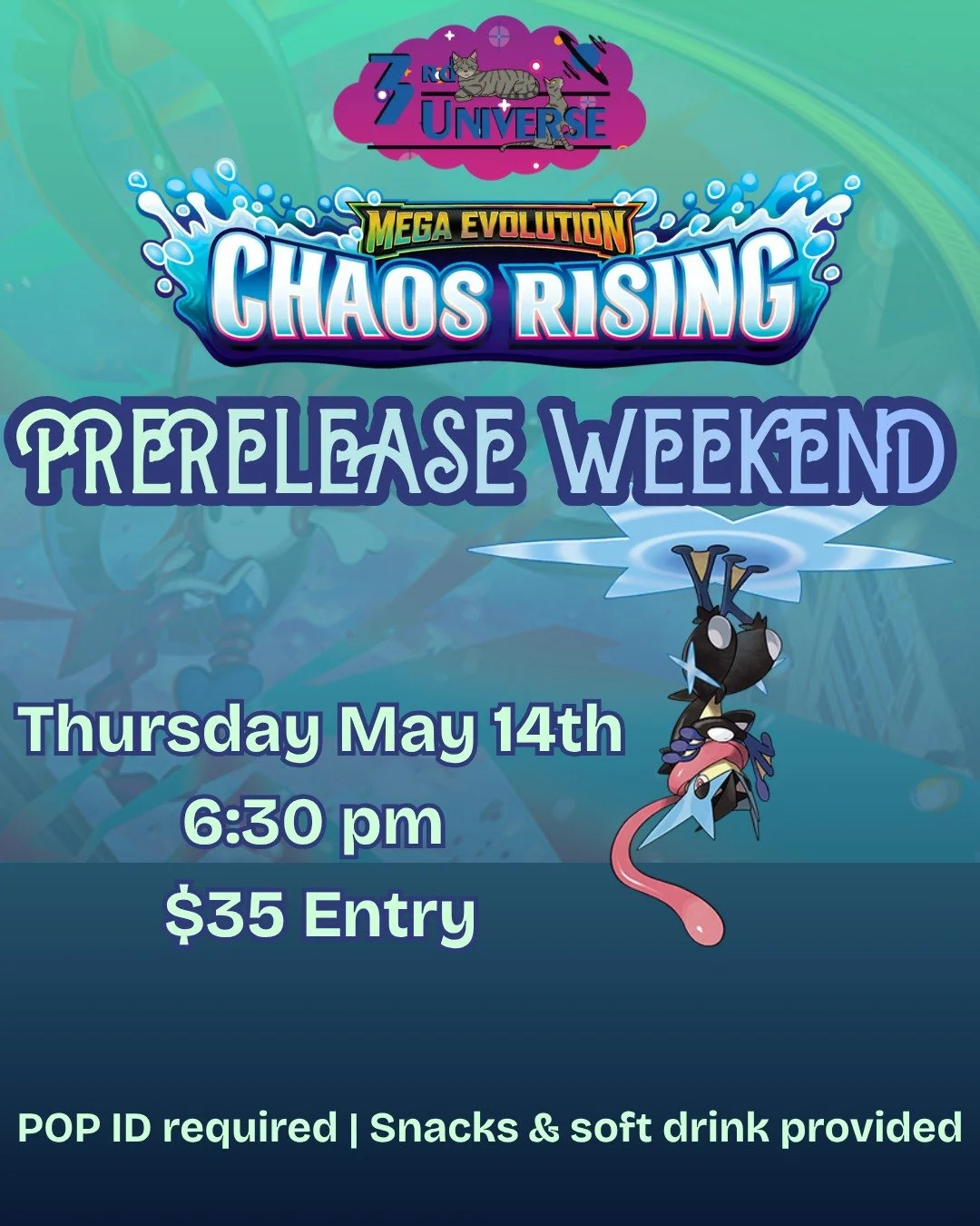 We're hosting one last prerelease for Pokemon's newest set, Chaos Rising! Join us on Thursday, May 14th at 6:30 pm in tandem with our weekly Pokemon League to deckbuild &amp; play Chaos Rising 🐸 Learn more and secure your spot online (link in bio 🔗