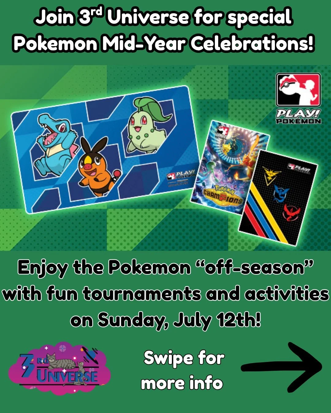 We've got some fun Pokemon events for TCG, VG *AND* GO players this summer! Join us for back-to-back Mid-Year celebration events on Sunday, June 12th starting at 12 pm noon. Learn more + sign-up online (link in bio 🔗) 
#pokemon #pokemontcg #pokemonc