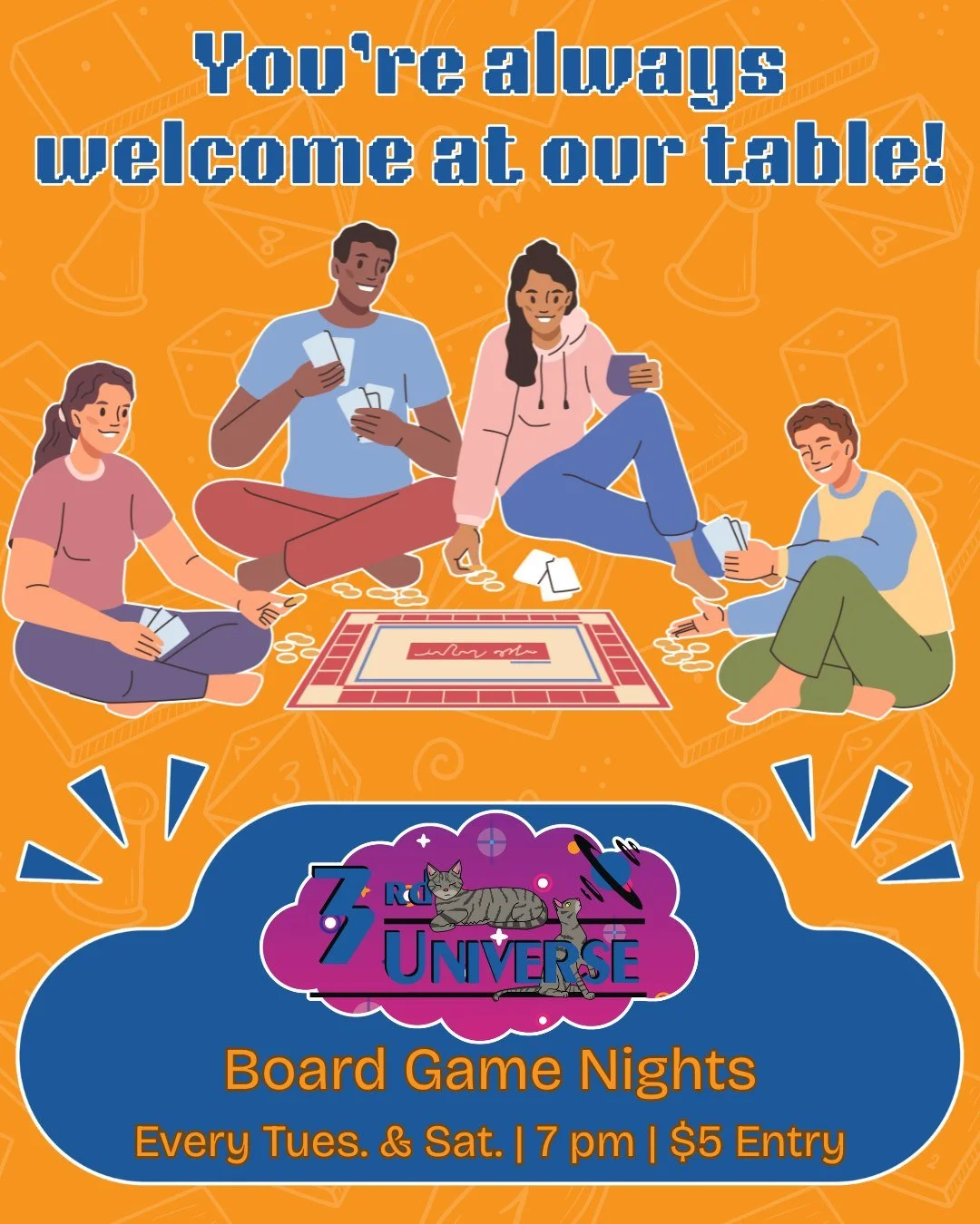 Whether you're a seasoned Euro-gamer or simply trying to reduce your screen time, you're always welcome at our weekly board game nights! Join us every Tuesday and Saturday at 7 pm for an evening of rolling, racing, and playing board and card games 🎲