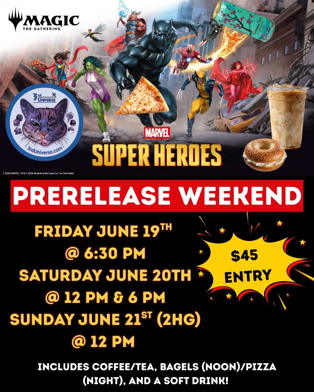 Assemble your Avengers-level team during our Marvel Super Heroes prerelease weekend 🎉 Deck build and battle it out in 1v1 on Friday and Saturday, or special 2v2 2-Headed Giant on Sunday! Learn more and sign up online (link in bio 🔗)
#mtgmarvel #mag