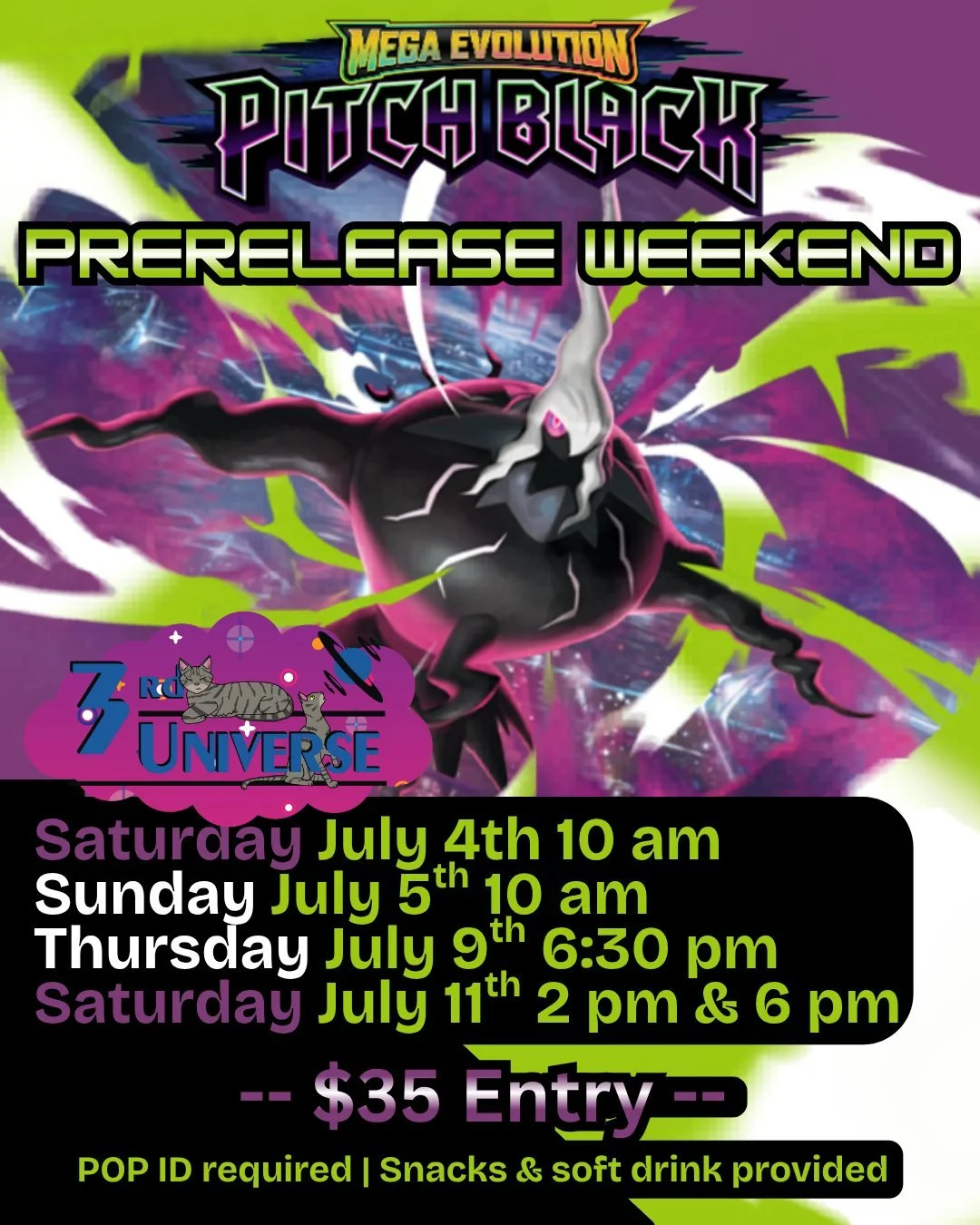 Pokemon's newest set, Pitch Black, is heading to our game tables starting July 4th! Play the newest set before anyone else in the comfort of your fave LGS 😎 Learn more and sign up online (link in bio)
#pokemon #pokemontcg #localgamestore