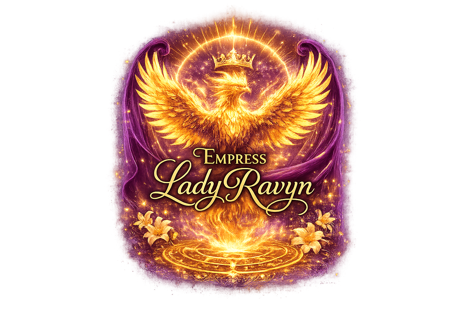 Fantasy artwork featuring a golden phoenix with large wings, a crown above its head, surrounded by glowing purple and gold swirls, with the text 'Empress Lady Rayn' in elegant font at the center.
