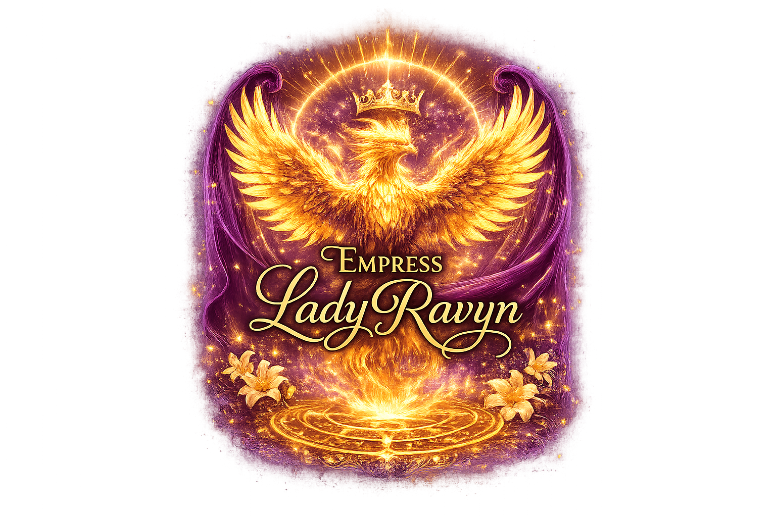 Fantasy illustration of a phoenix with golden feathers, burning at the base, wings spread wide with purple accents, a crown and halo above its head, glowing with sparkles. Text reads 'Empress Lady Ravn' in elegant script.