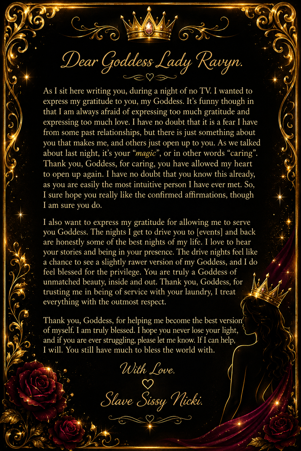 Letter of appreciation to Lady Ravyn, decorated with a gold crown at the top, golden floral and scroll embellishments, roses at the bottom left, and a silhouette of a woman with a gold crown and cape on the right side, all on a black background.