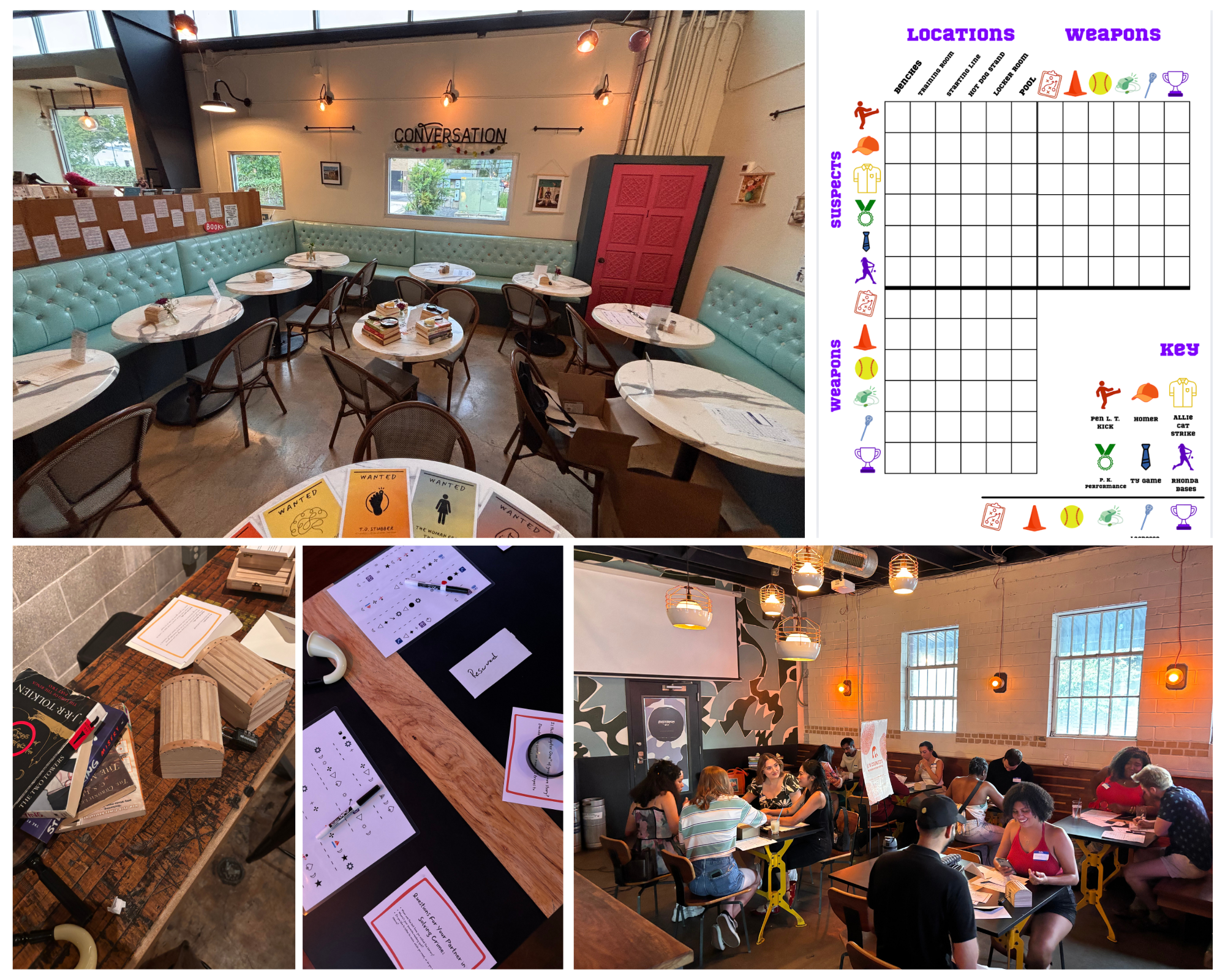 Interior of a cozy cafe or community space with tables, chairs, and turquoise tufted booths. Decor includes framed photos, a pink door, and warm lighting. A group of people are sitting around tables engaged in a fun murder mystery party.