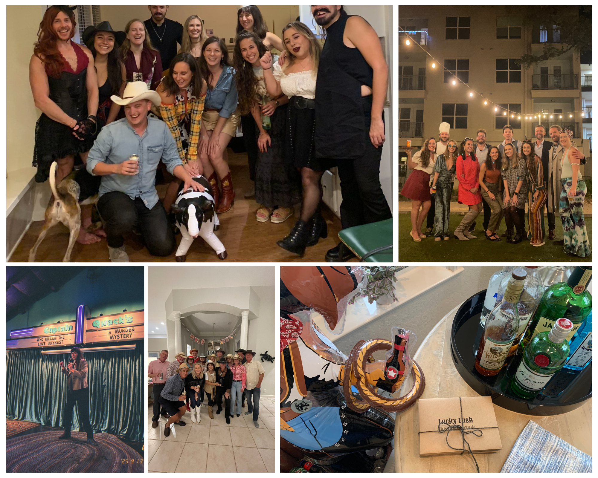 A collage of photos from various private murder mystery parties.