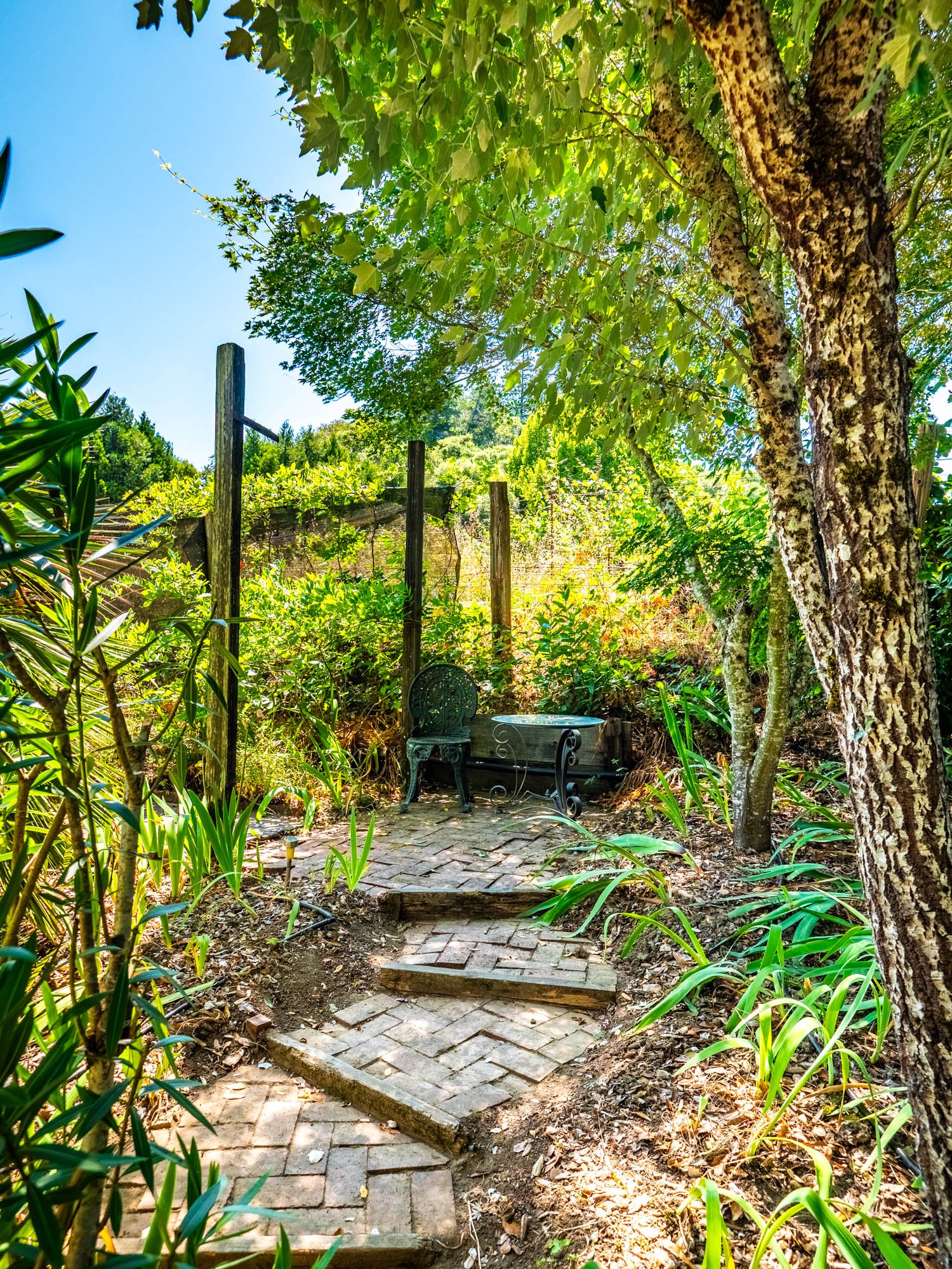 Scattered throughout the property are peaceful sitting spots and colorful flower beds that give the land a welcoming feel. Brick paths lead to shaded corners where you can pause and enjoy the view, or sit with a book and a cup of coffee.