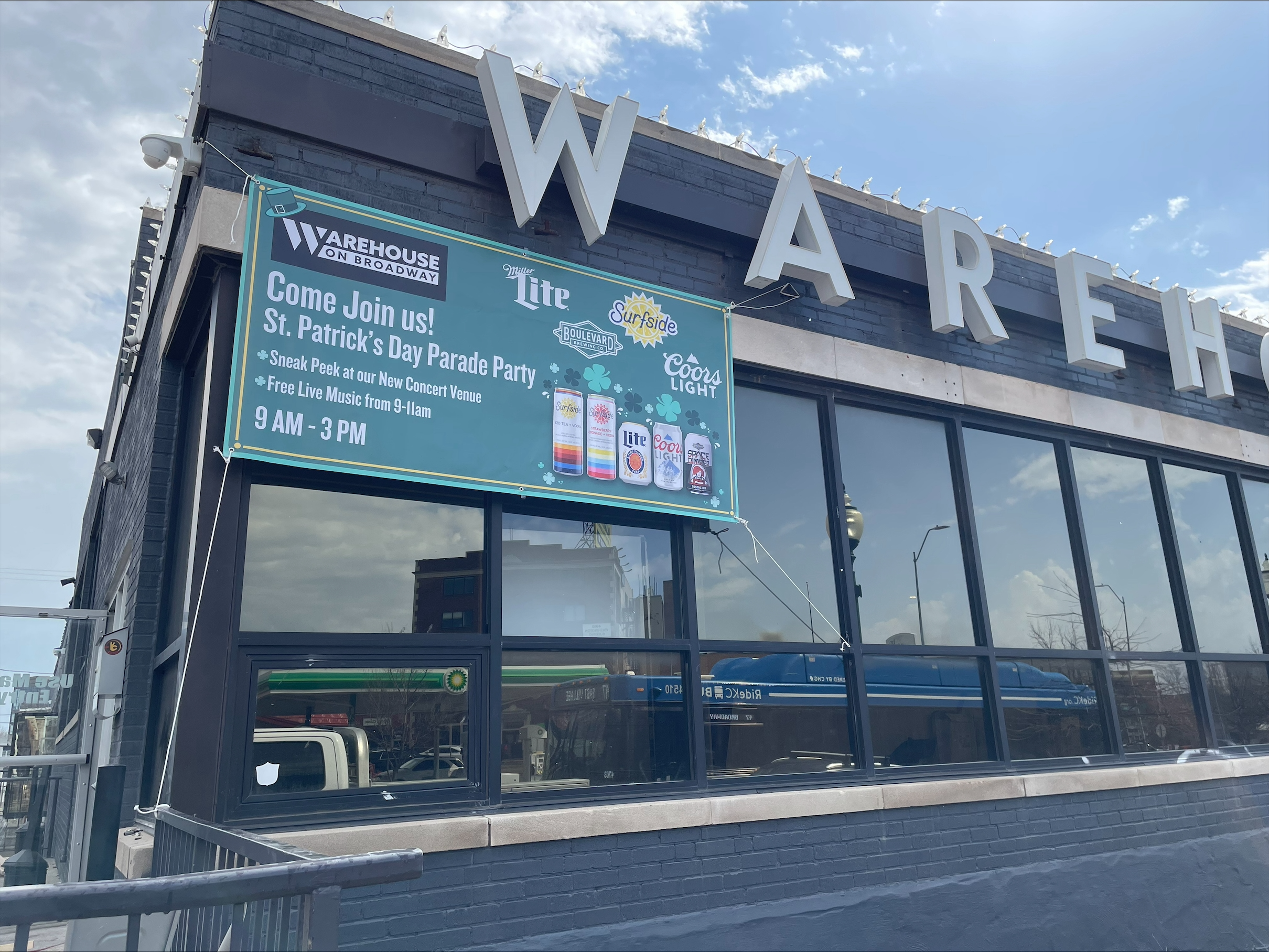 Warehouse on Broadway - St Patrick's Day Banner Installed