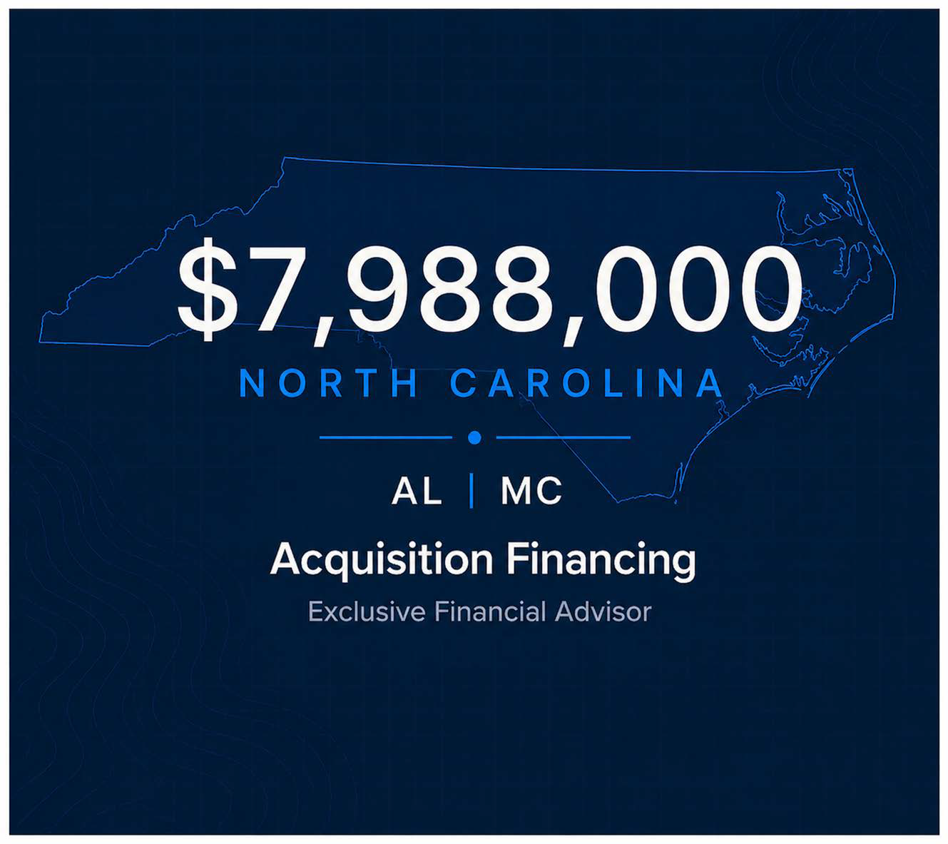 Graphic showing North Carolina's state outline with a financial value of $7,988,000, related to acquisition financing, with additional details about the location and advisor.