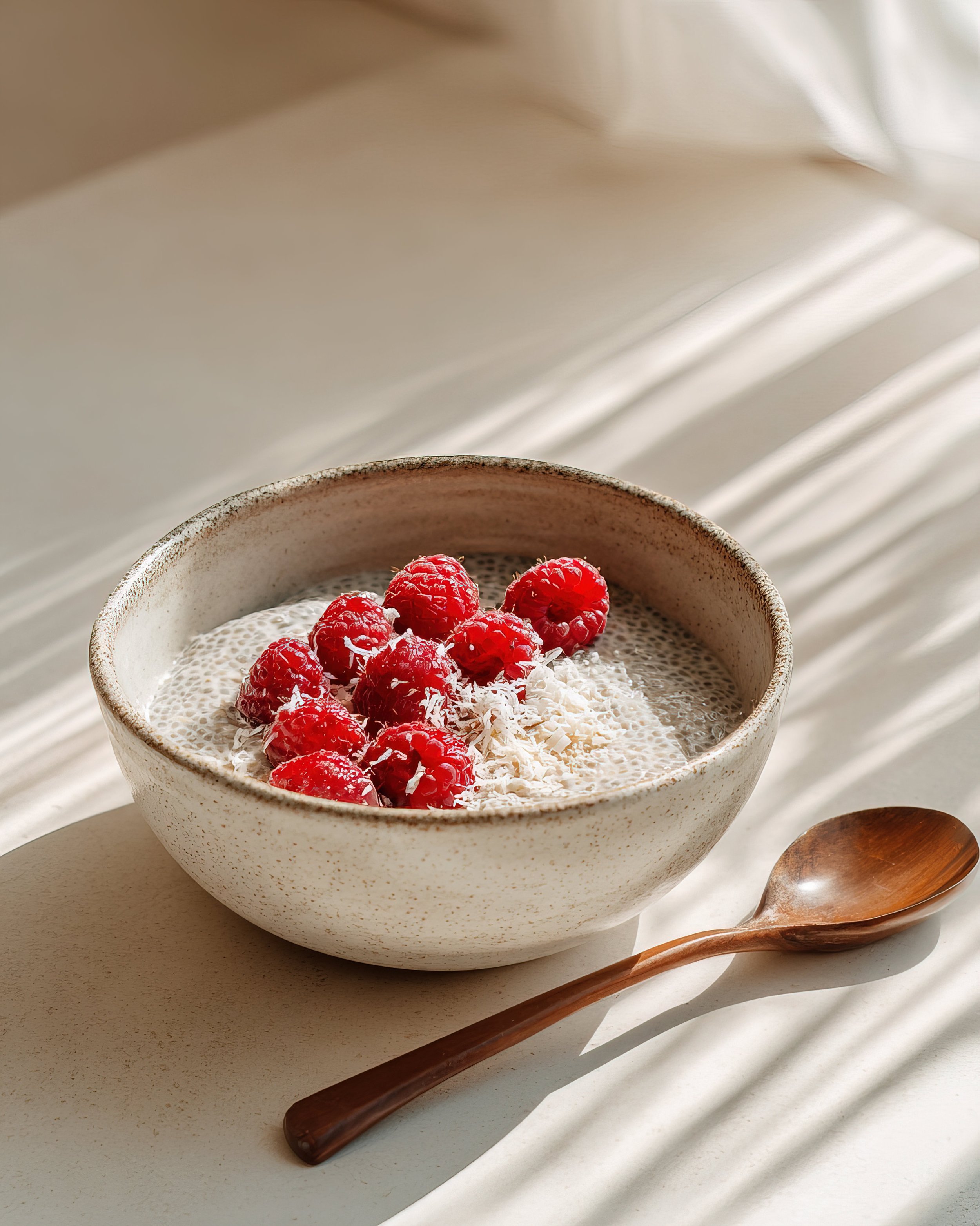 Bowl of chia pudding topped with raspberries and shredded coconut on a light surface