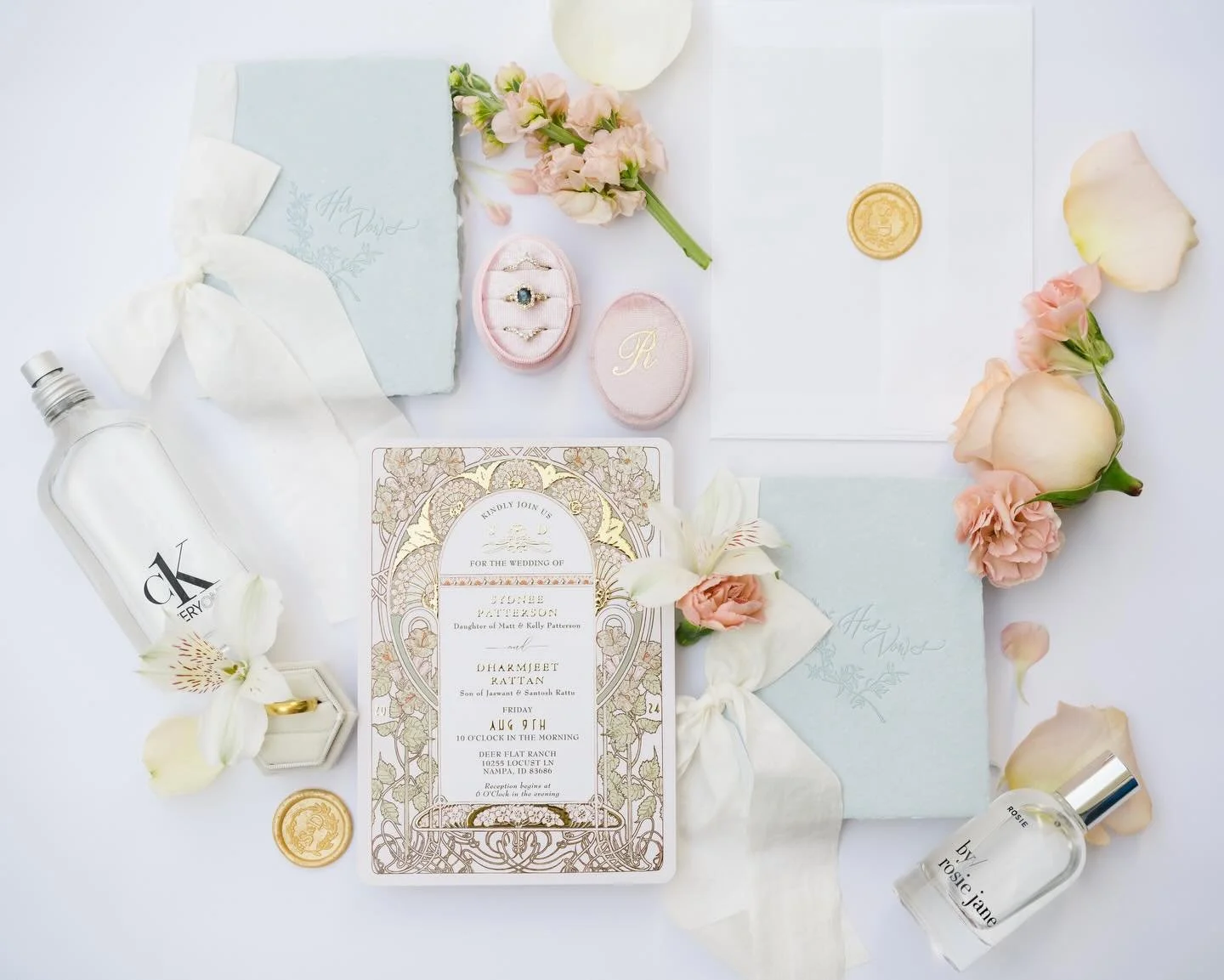 We absolutely love a flat lay moment to capture a beautiful invitation suite alongside sentimental objects 🤍

Vendor team: 
Planner: @rhymeandreasonevents 
Photo/video: @lalin.camera @mbdash.production
2nd shooters: @korieparephoto @fha.photo
DJ: @d
