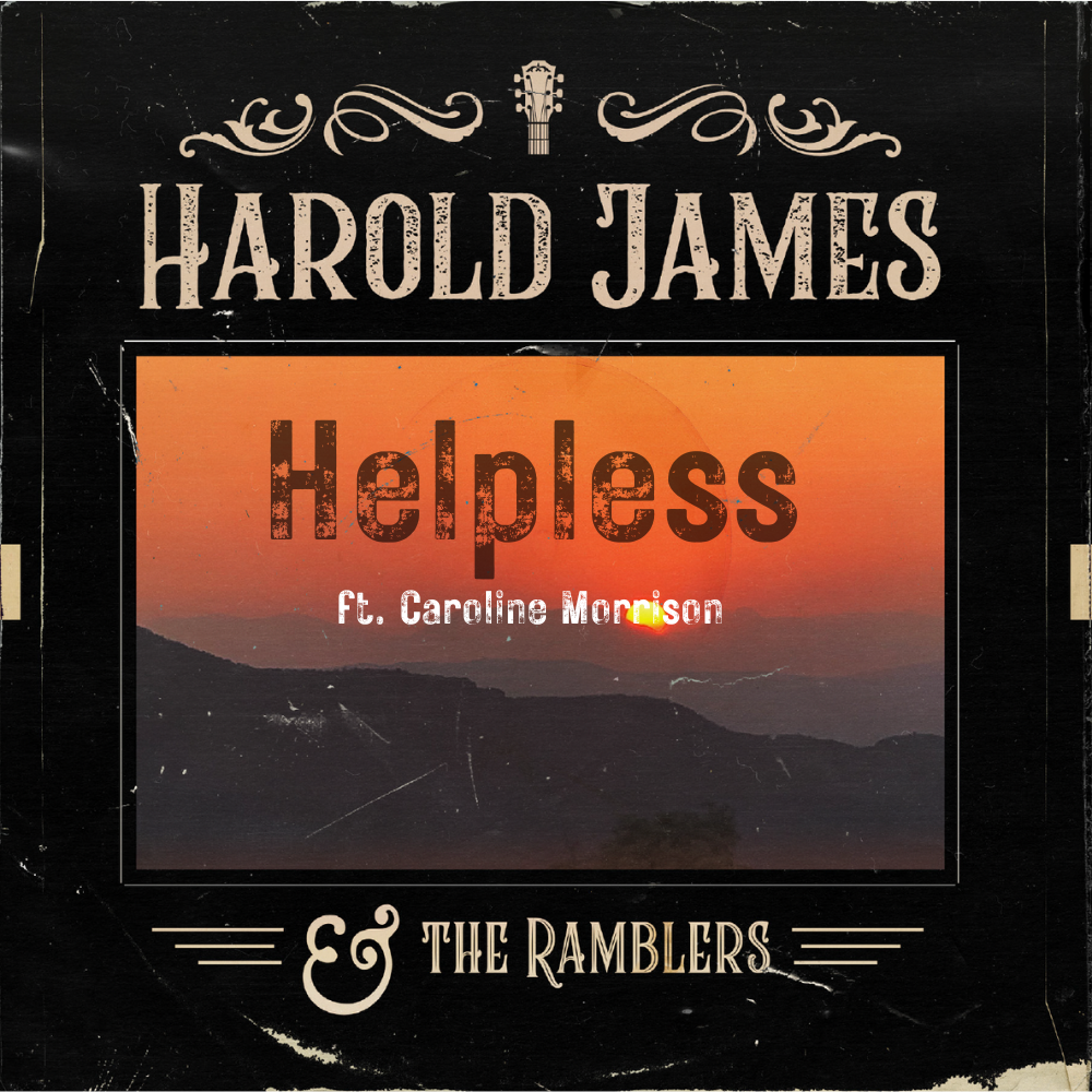 Album cover for Harold James' song 'Helpless' featuring Caroline Morrison. The cover has a black background with decorative elements, a guitar icon at the top, and a sunset landscape in the center. The song title and artists are displayed in bold text.