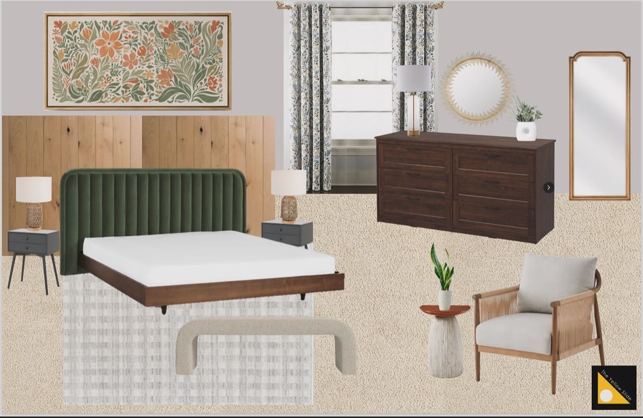 This is a Primary Bedroom Concept Board for a Virtual Design Makeover project. 

This room accommodates various functions - sleeping, reading, watching tv, getting ready every morning. 

The Concept Board is step 3 (of 4) in the Virtual Design Makeov