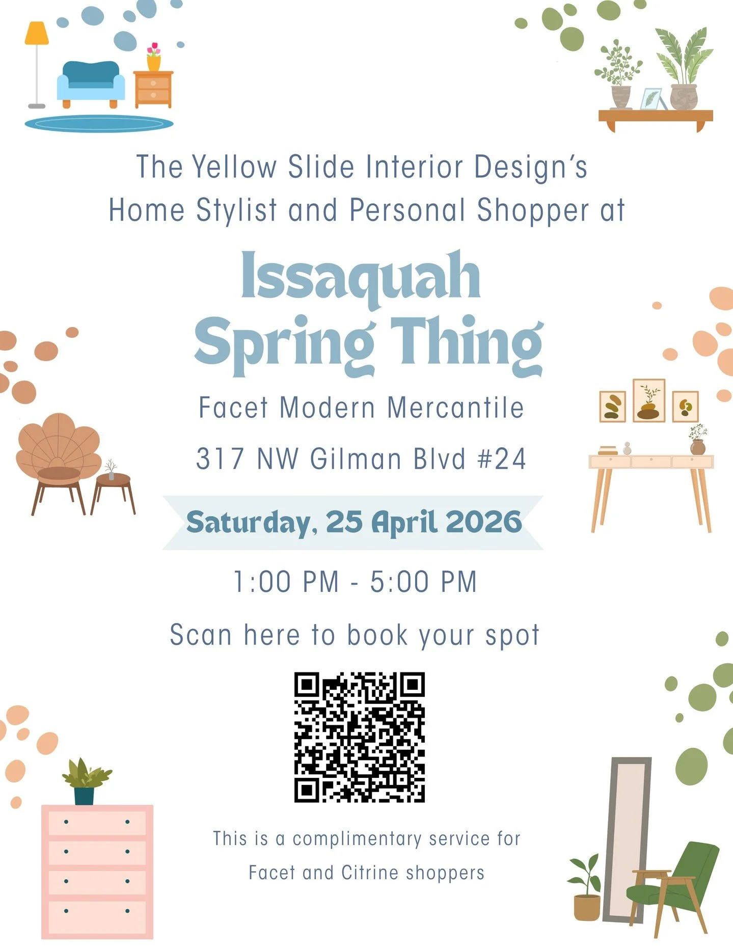 I am SO excited to be part of Issaquah's Spring Thing, offering 1:1, personalized shopping and home styling sessions for @facetmercantile and @citrinedesignshop customers! Scan the QR code to book your (complimentary) session.

(local event, Seattle 