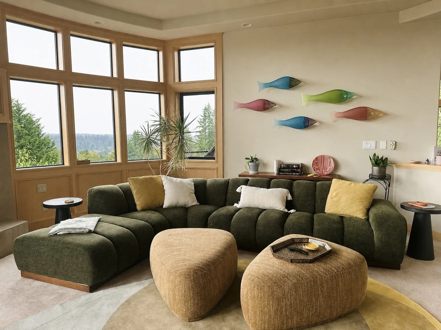 A family room inspired by warm earth tones, embracing the curved walls and juxtaposing wall paneling with soft, organic edges. 