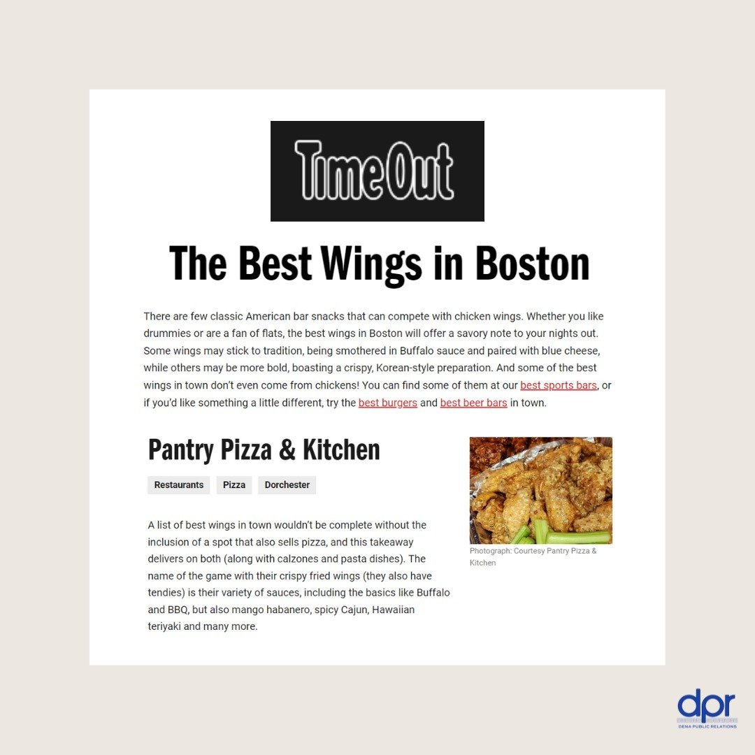 PR RECAP: Check out how Greek-owned neighborhood pizzeria @pantrypizzadorchester is keeping things spicy throughout all of the seasons! 🍕🍗🔥

@timeout.boston: https://www.timeout.com/boston/restaurants/the-best-wings-in-boston

@pizzamarketplace: h