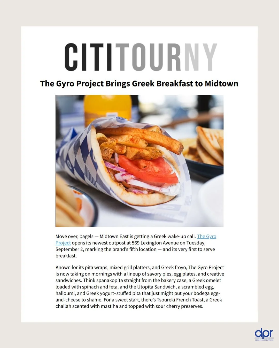 The Gyro Project (@thegyroproject) opens its 3rd Manhattan (and 5th overall) location in Midtown East TODAY!

The new location, located at 569 Lexington Avenue, will be the first to serve Greek style breakfast &ndash; a major expansion of its menu of