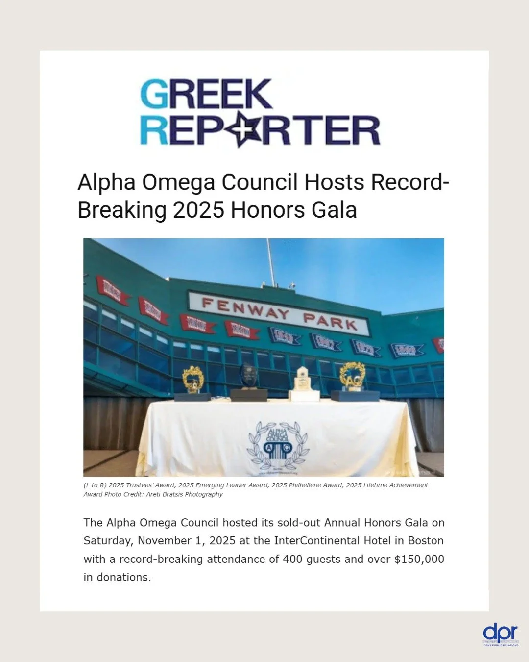 Grateful for the incredible media coverage from #DPRclient Alpha Omega Council (@alphaomegacouncil)'s record-breaking 2025 Honors Gala! 🏛️✨

The evening featured a powerful tribute to Harry &ldquo;The Golden Greek&rdquo; Agganis, blended heritage, p