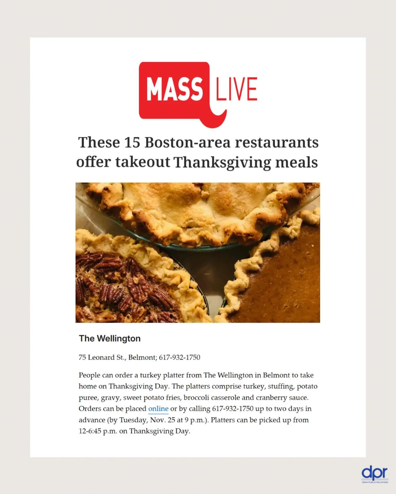 Thank you @masslive and @davidcifarelli for including #DPRclient @thewellingtonbelmont and its Heritage Turkey Platter in this roundup of Boston area restaurants offering Thanksgiving takeout! 🦃 

📰: https://www.masslive.com/boston/2025/11/these-15