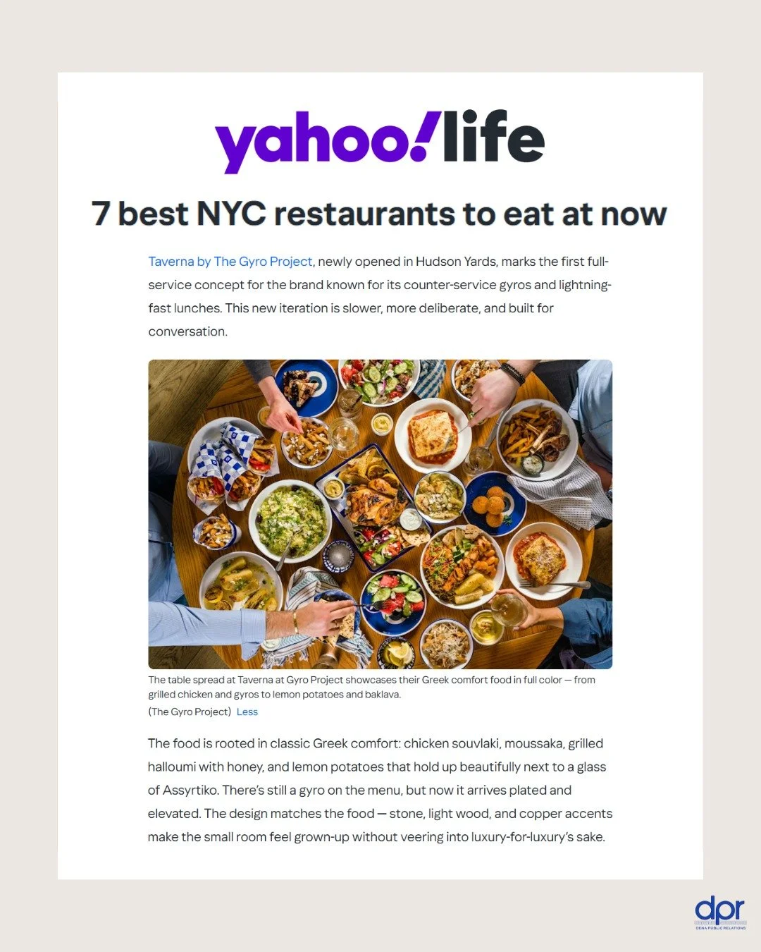Thank you to @yahoolife and @planetblond for featuring Taverna by @thegyroproject in this reservation-worthy roundup of 7 standout NYC restaurants!

📰: https://creators.yahoo.com/lifestyle/story/dine-where-taylor-swift-and-travis-kelce-went-on-a-dou