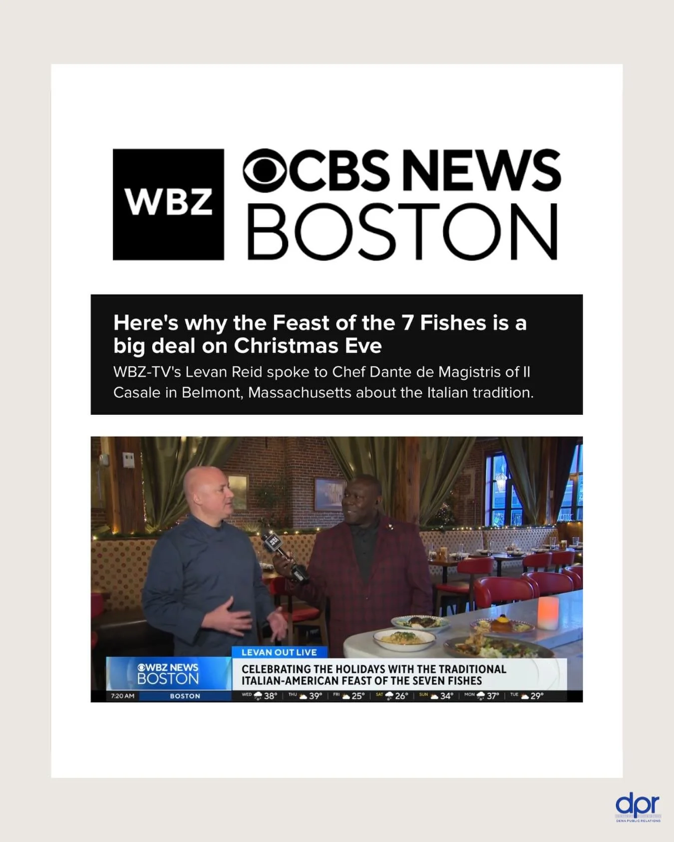 A very Merry Christmas Eve 🎄 and major congratulations to DPR client Chef @dante_dem of @ilcasalebelmont &amp; @il_casale_lexington for being featured on @wbztv&rsquo;s morning show today! ✨

Chef talked with reporter @levanreid032225 about the vari
