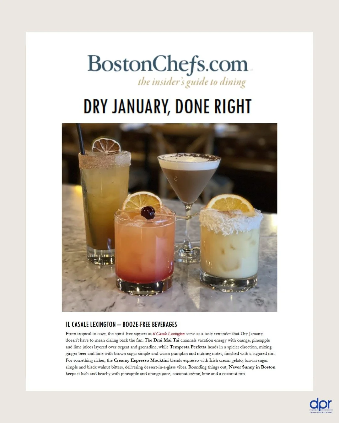 Cheers to no buzz required.🍸
Thank you to @bostonchefs for featuring @il_casale_lexington's mocktail program in its Dry January roundup and celebrating the creativity behind spirit-free sips done right.

From the vacation-ready Drai Mai Tai 🍹, to t