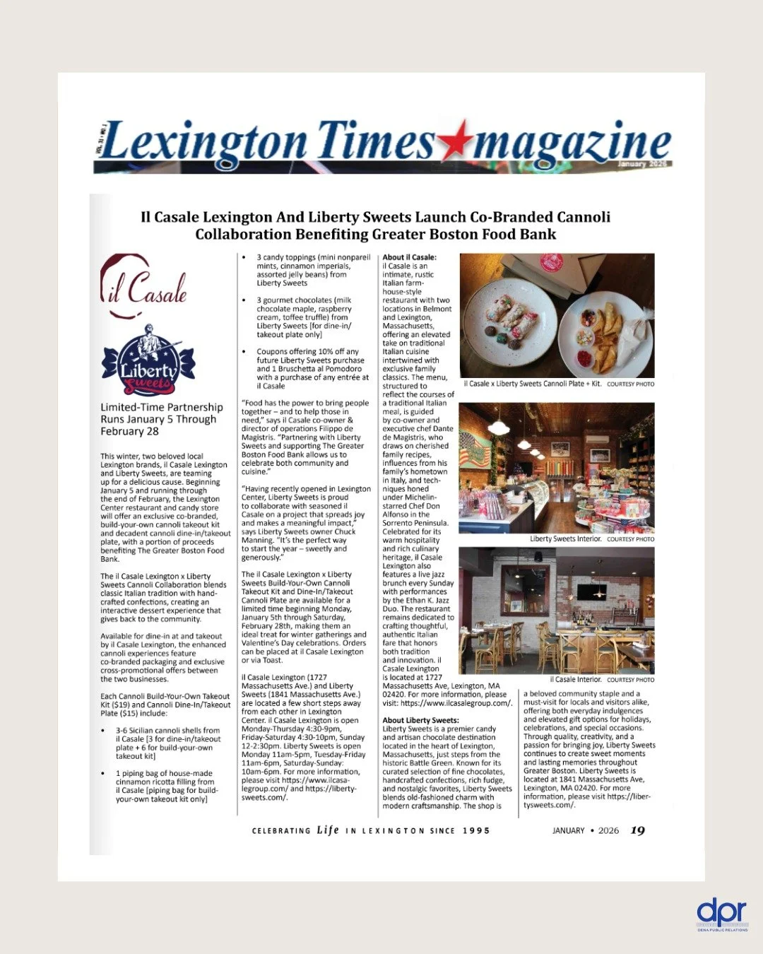 Thank you to @lexingtontimesmagazine for featuring Lexington local businesses il Casale Lexington (@il_casale_lexington) x Liberty Sweets (@libertysweetslex), who are partnering together this winter for a co-branded cannoli experience and giving a po