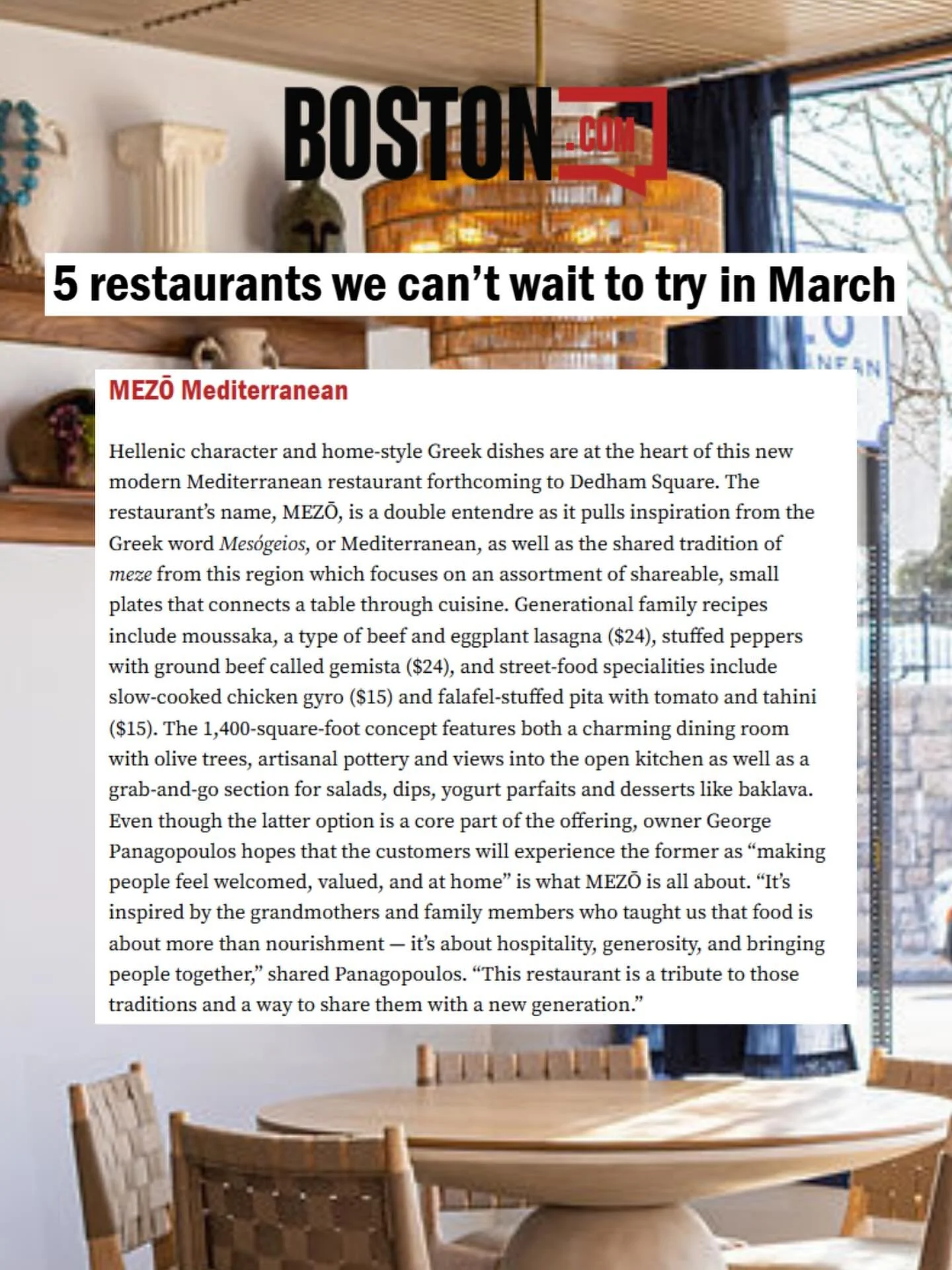 Reflecting on a long but incredible opening month for MEZŌ Mediterranean. Built with love and dedication. 💙🙏🏻

With only a few days left in March&hellip; thank you to @boston and @jilliandara for featuring MEZŌ in this &ldquo;5 restaurants we can&