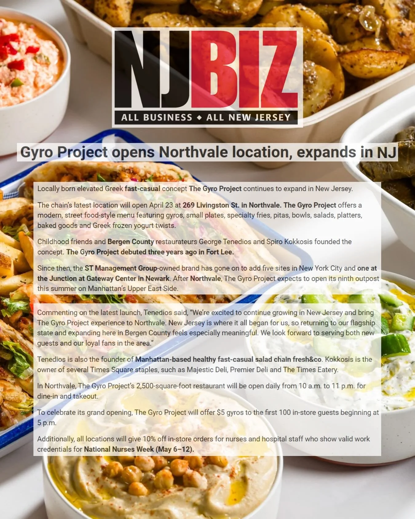 Thank you to @njbiz for spotlighting #DPRclient The Gyro Project (@thegyroproject)&rsquo;s expansion and continued success across the tri-state area, including its newest Northvale, New Jersey location officially opening TOMORROW 4/23.

Proud to supp