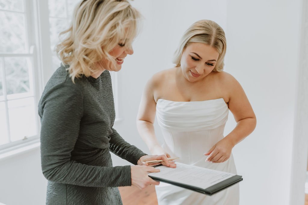 Let's hear it for the gals!
Before your ceremony I'll say a beautiful big g'day to the bride and her tribe: have the bride sign the No Legal Impediment to Marriage, and have a little giggle and chit chat about lovely things like:

🤍 Don't forget to 