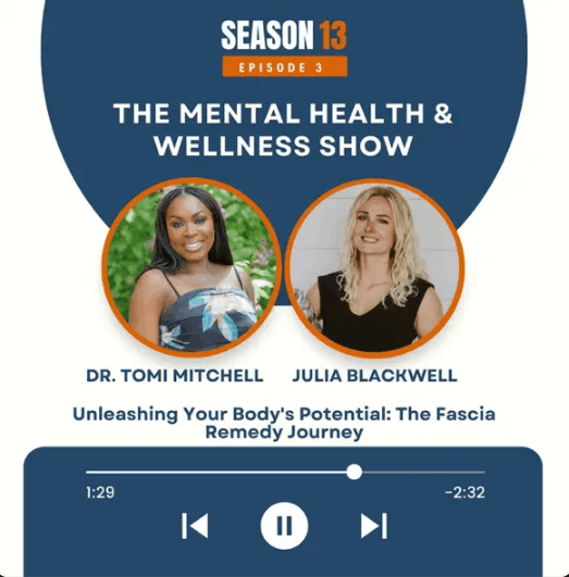 Promotional graphic for Season 13, Episode 3 of The Mental Health & Wellness Show, featuring Dr. Tomi Mitchell and Julia Blackwell with the episode titled "Unleashing Your Body's Potential: The Fascia Remedy Journey."