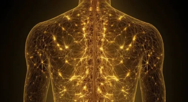 A visualization of a human back with glowing yellow neural connections and pathways resembling a network of nerves.