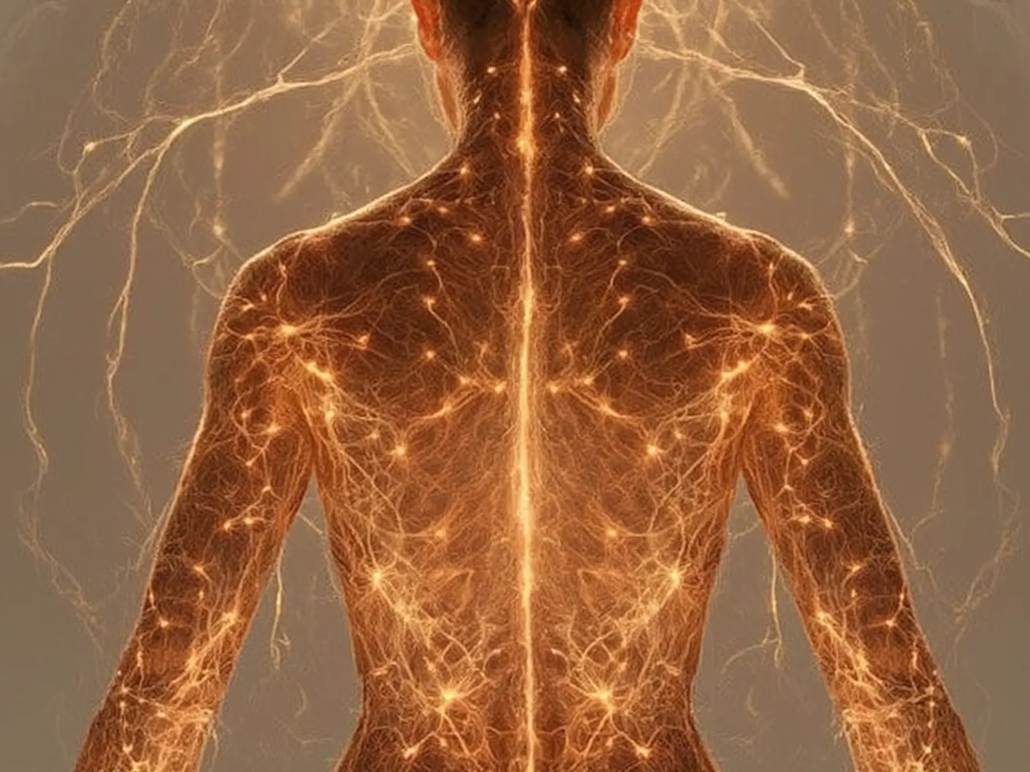Digital illustration of a human back and shoulders with neural pathways highlighted.