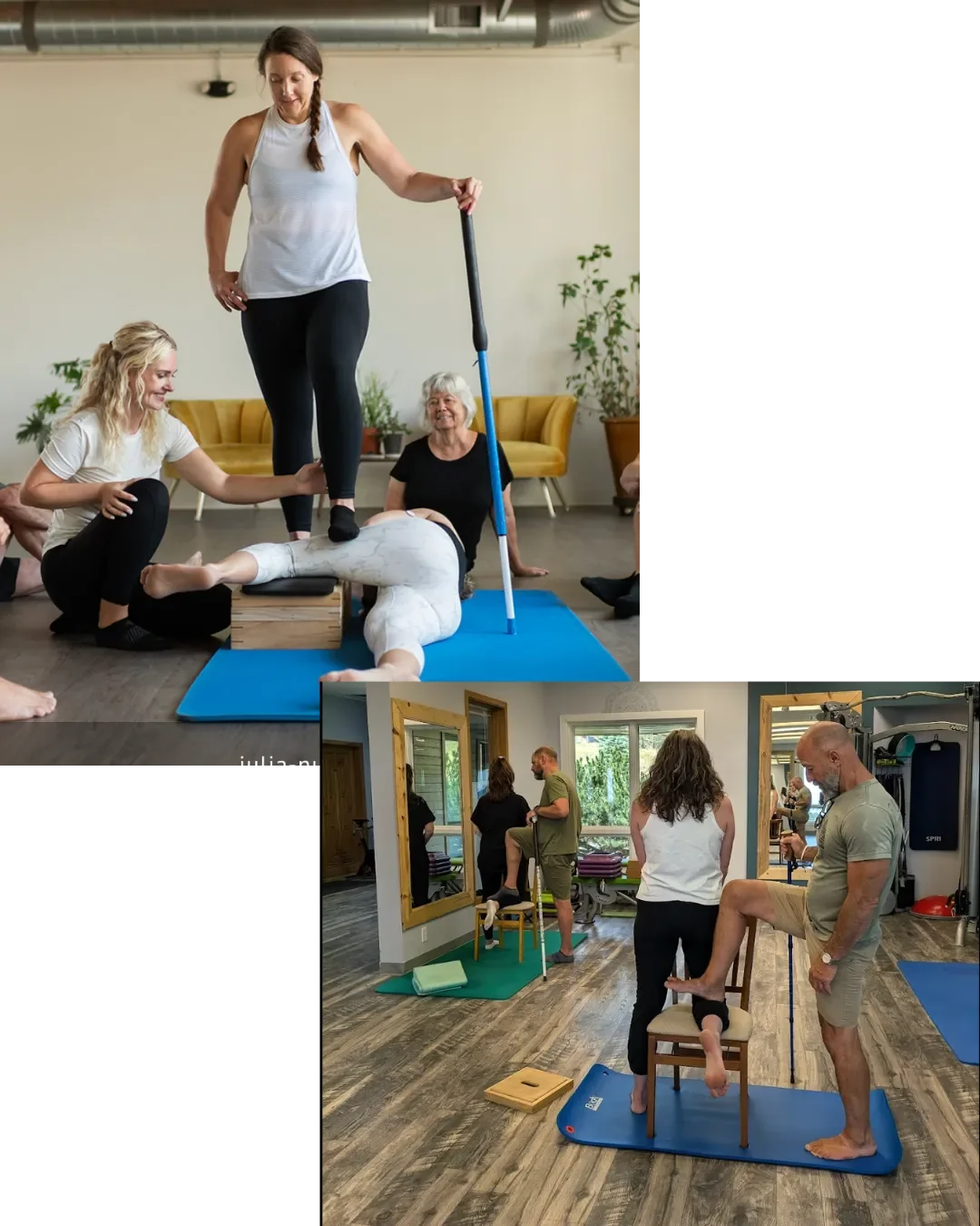 Women engaging in physical therapy exercises under supervision in indoor settings with equipment, mirrors, and natural light.