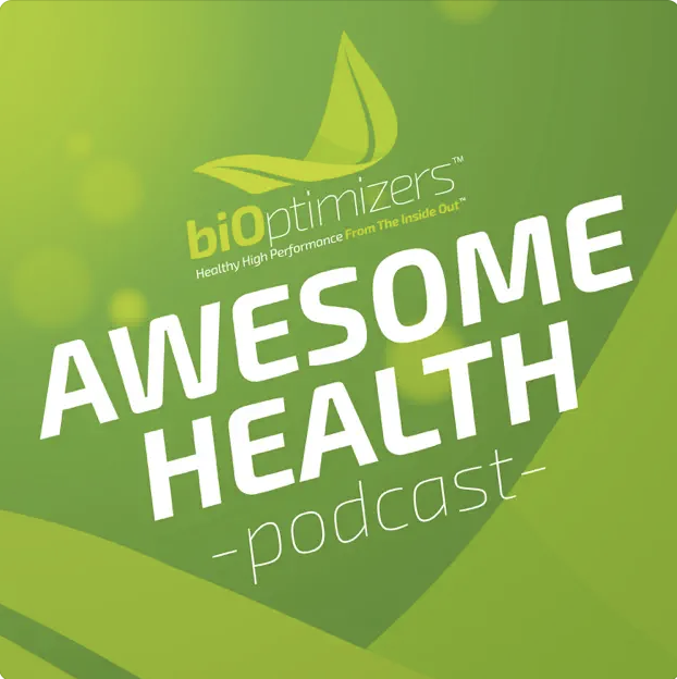 Green podcast cover with a leaf logo and the text "bio optimizers" and "AWESOME HEALTH podcast"
