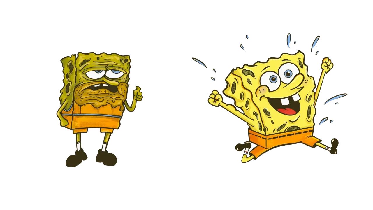 SpongeBob SquarePants and SpongeGar with a cartoon wave, both smiling, in a humorous scene
